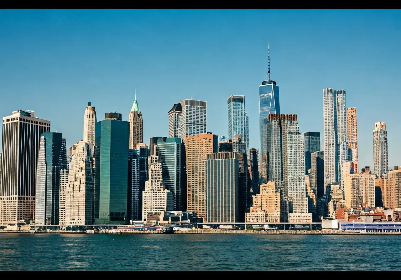 Skyline of Manhattan with a focus on its towering buildings. 35mm stock photo