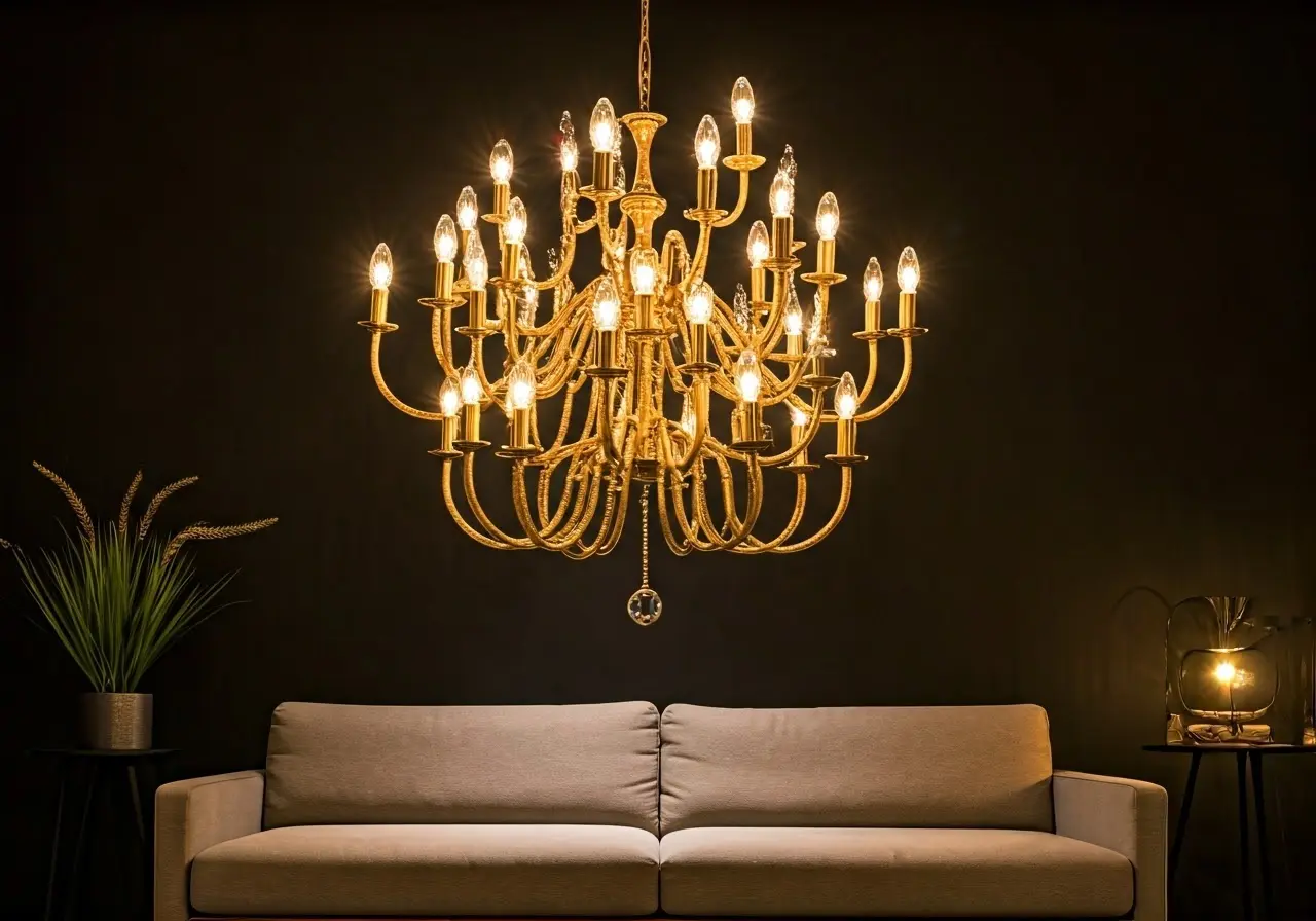A chic chandelier casting warm light over a modern sofa. 35mm stock photo