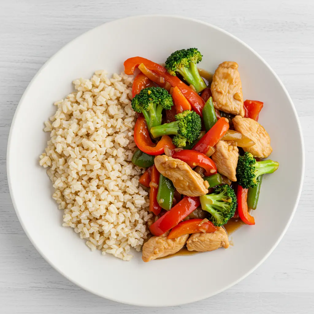 Chicken stir-fry served with brown rice.