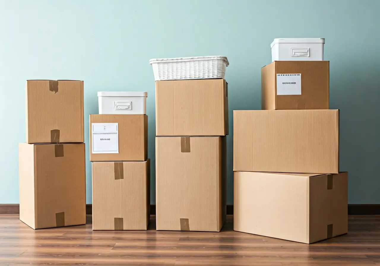 Neatly packed moving boxes with labeled contents in a room. 35mm stock photo