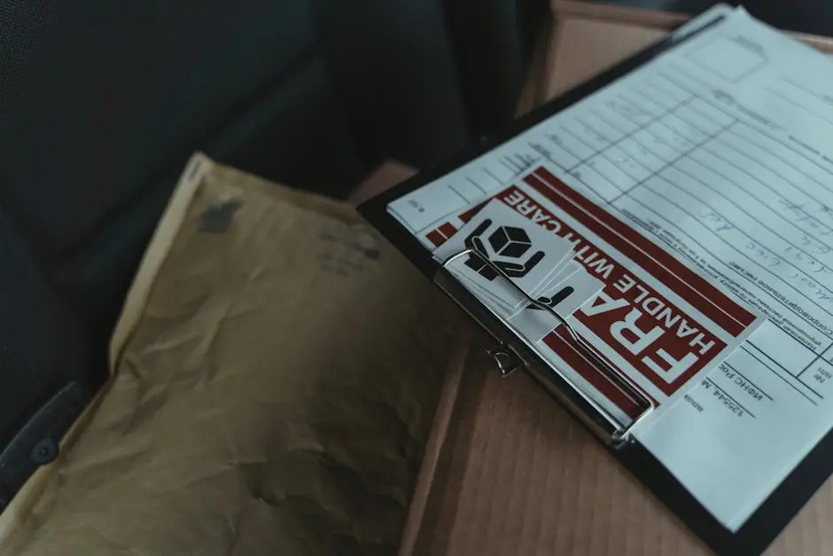 A detailed view of postal packages and delivery paperwork inside a van, emphasizing logistics.