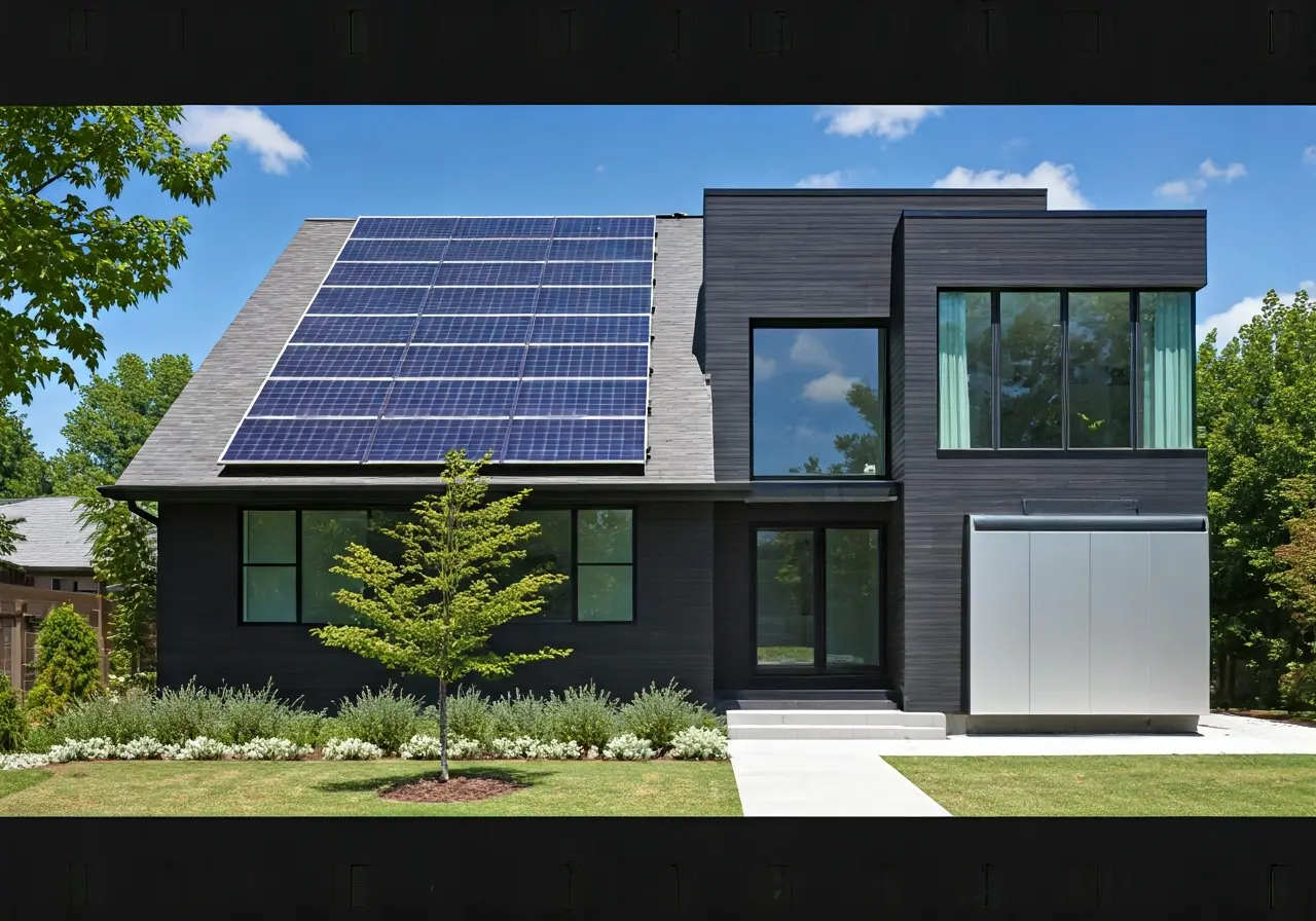 A sleek home with solar panels and a visible Powerwall. 35mm stock photo