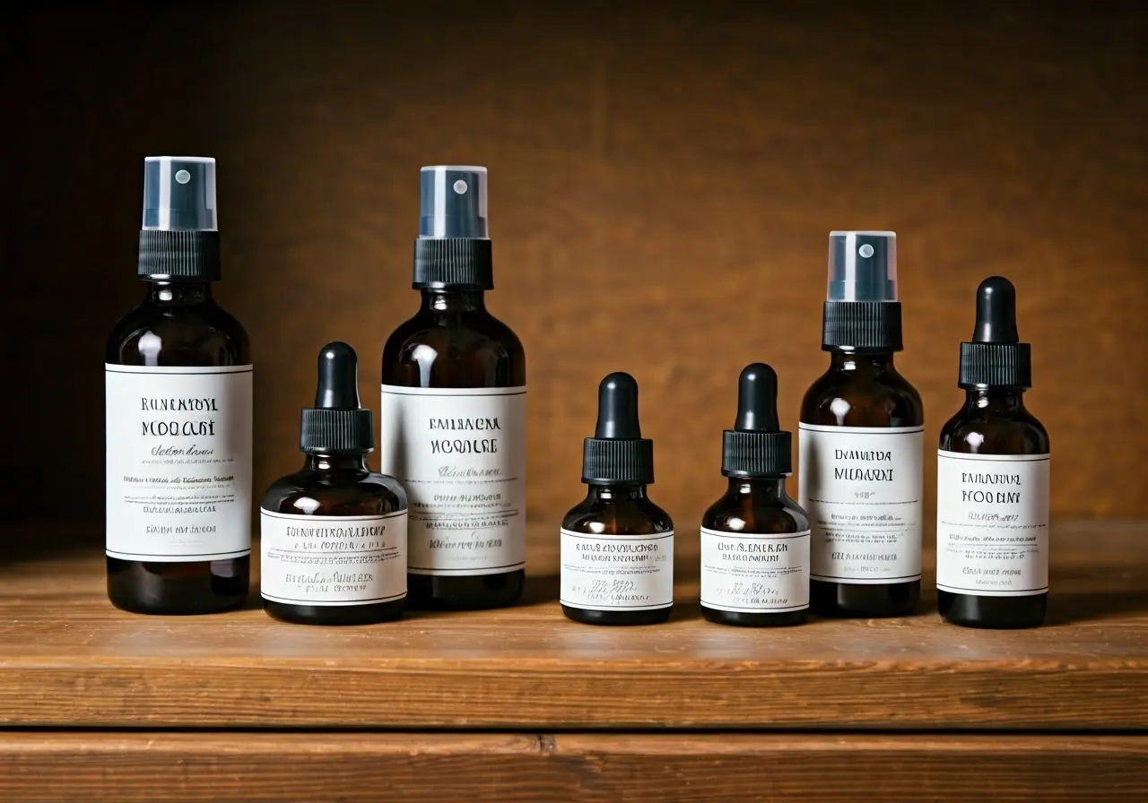 A collection of natural skincare products on a wooden shelf. 35mm stock photo