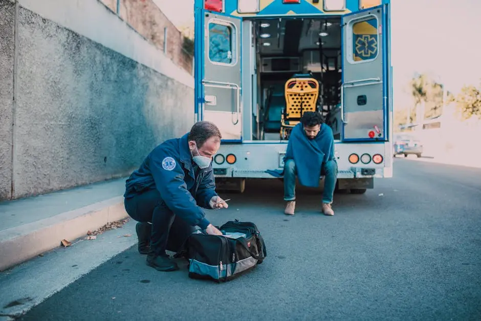 Paramedic attending to patient outside ambulance on roadside. Emergency response action.