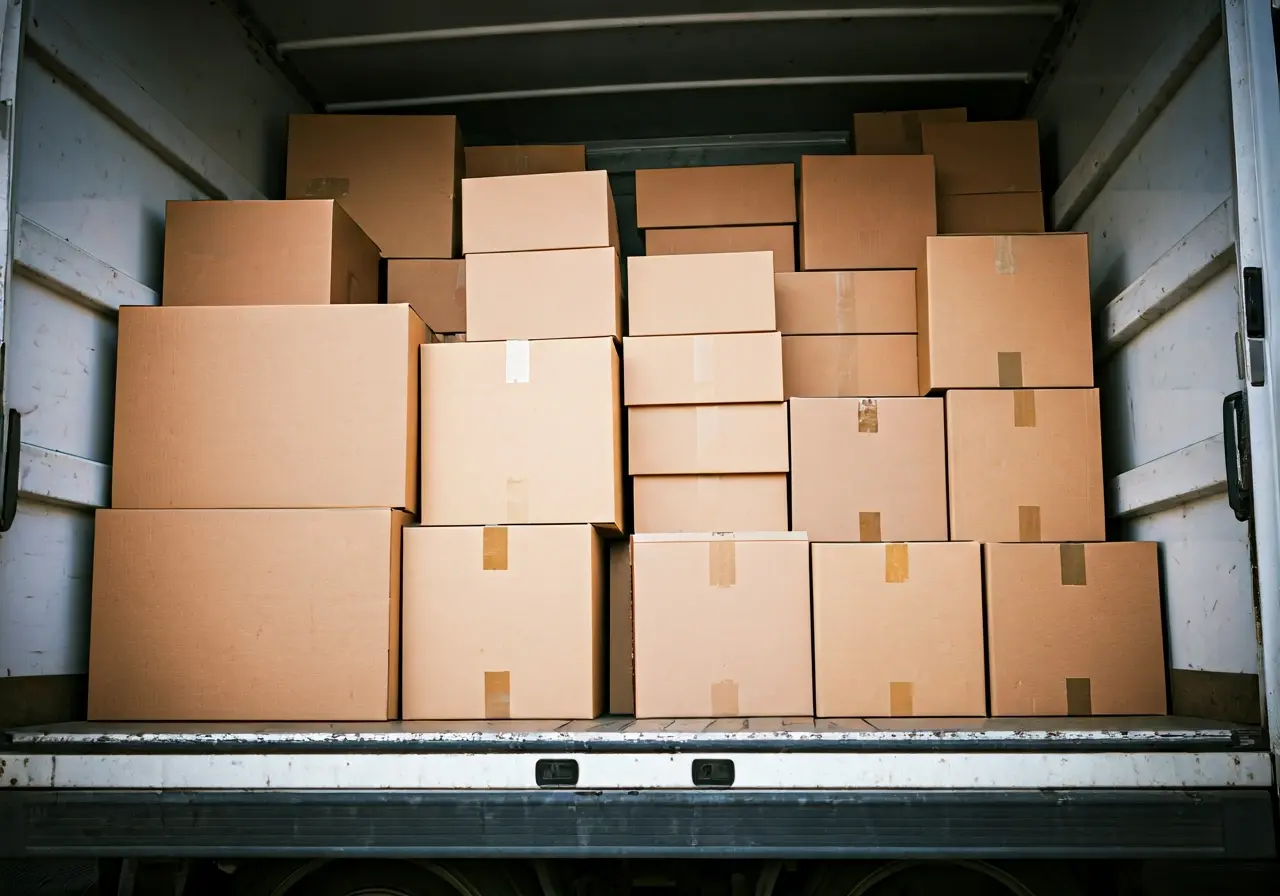 A moving truck packed carefully with labeled cardboard boxes. 35mm stock photo