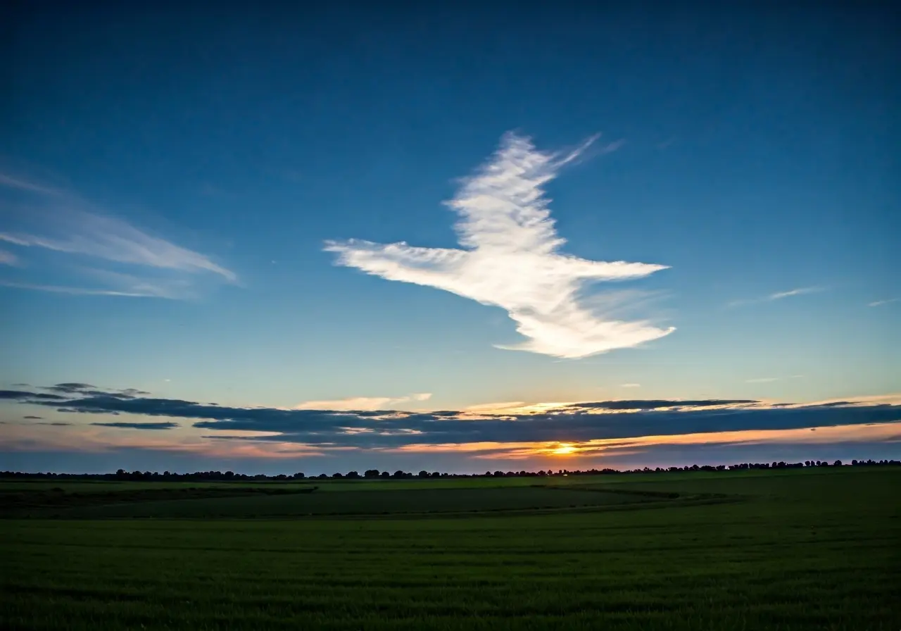 A serene landscape with a cross-shaped cloud formation. 35mm stock photo