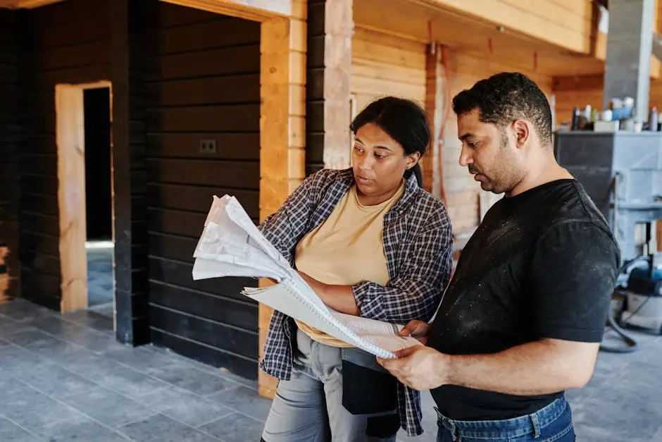 Two construction workers review blueprints inside a wooden structure, discussing plans.