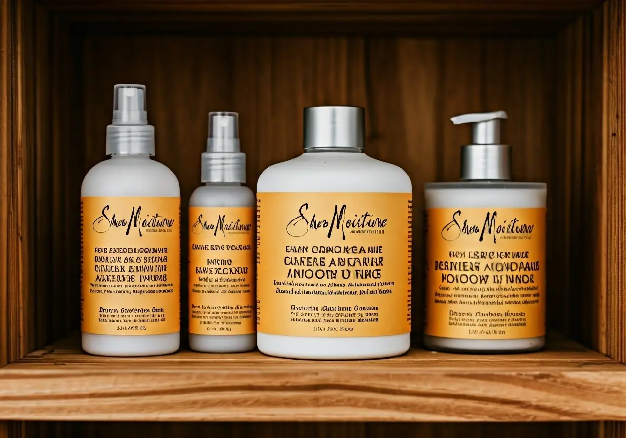 A close-up of Shea Moisture products on a wooden shelf. 35mm stock photo