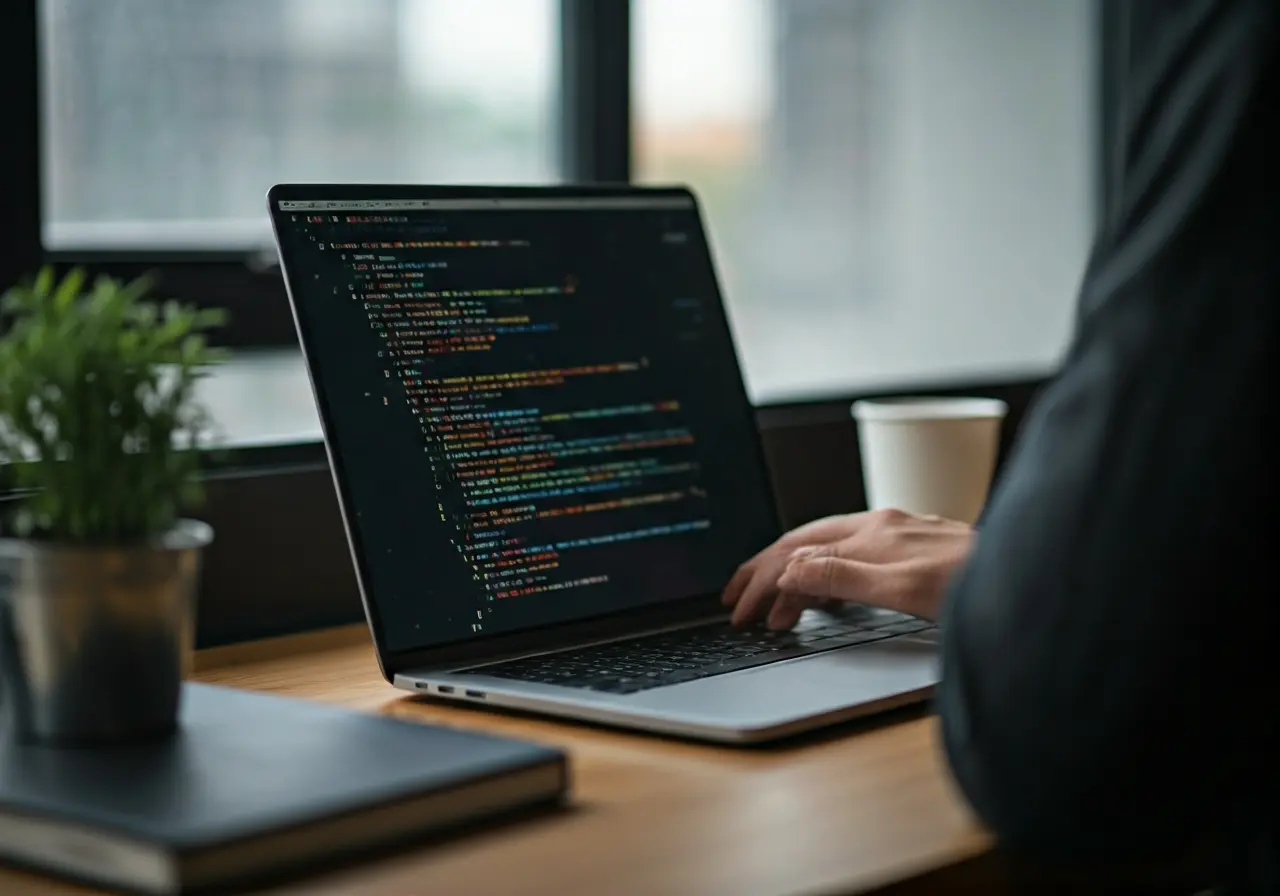 A person coding on a sleek MacBook in a bright office. 35mm stock photo