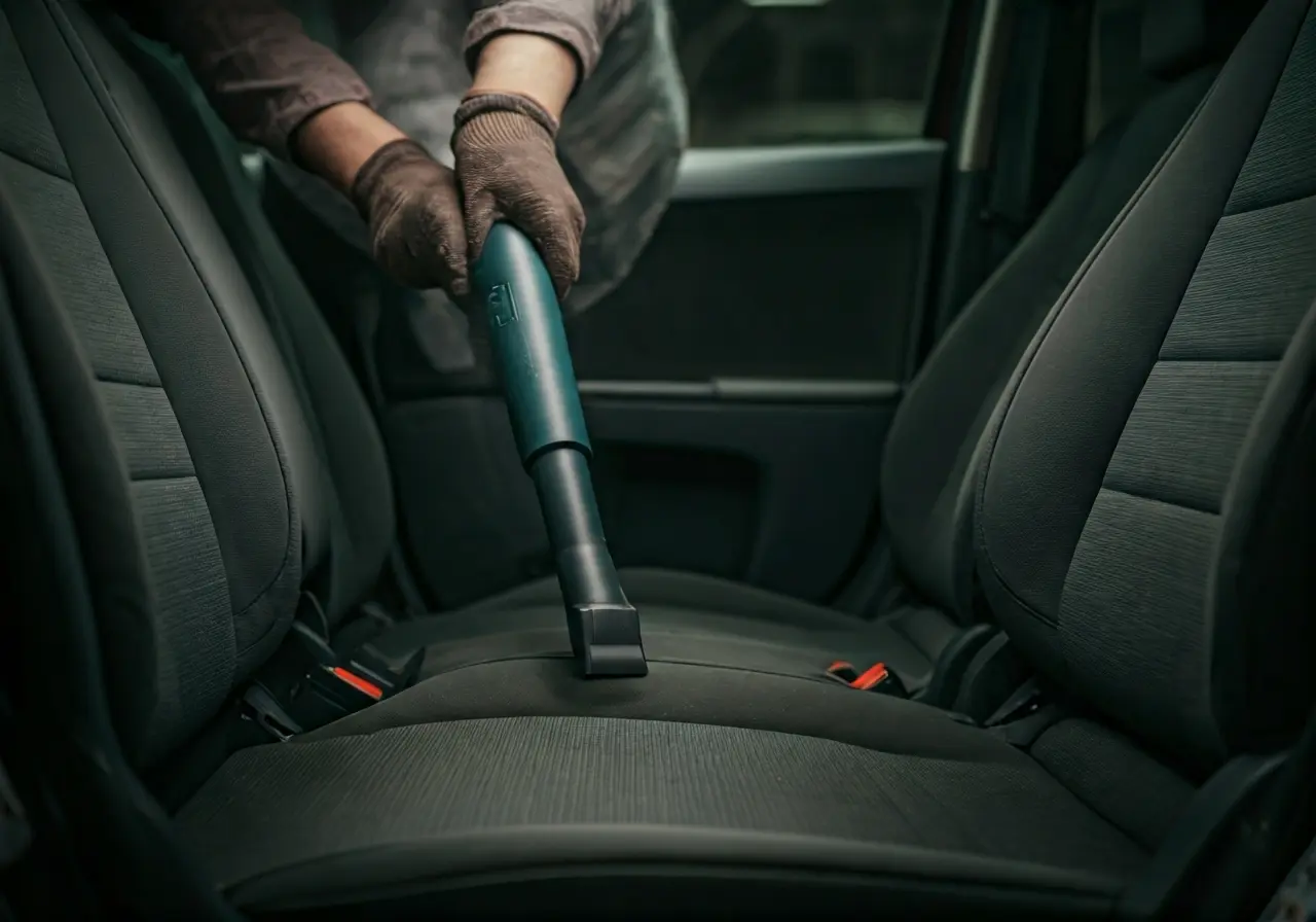 A person carefully vacuuming a car’s fabric seats. 35mm stock photo