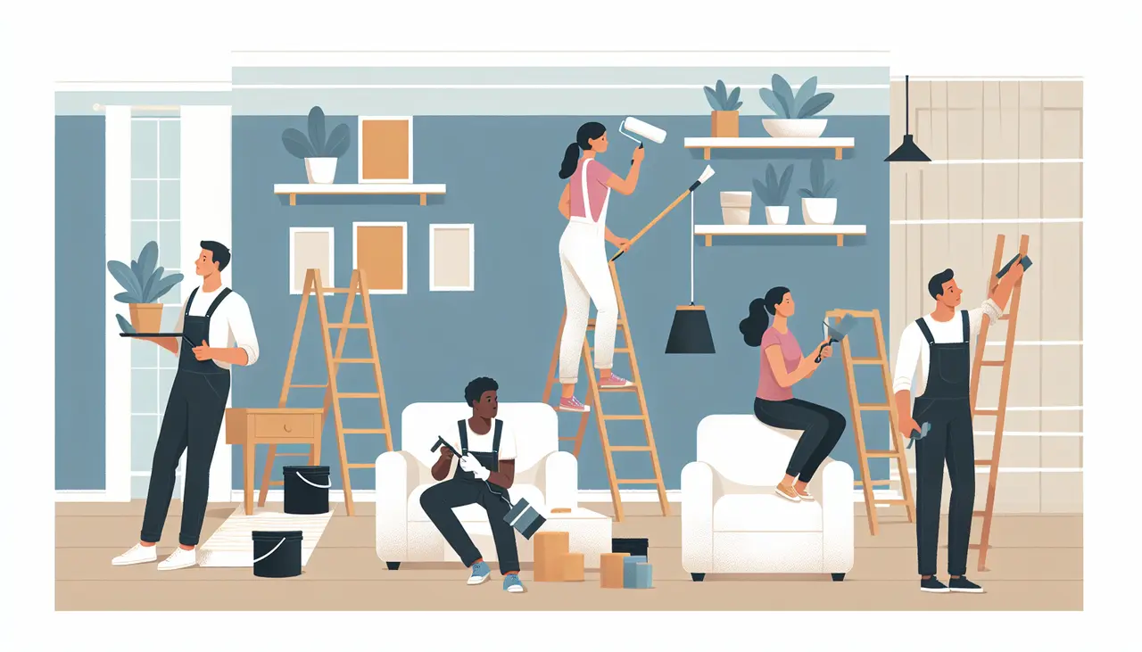 Draw a graphic in flat design style. A modern flat design illustration of a team of professionals renovating a living room, featuring characters painting walls and installing shelves, with minimal decor elements.