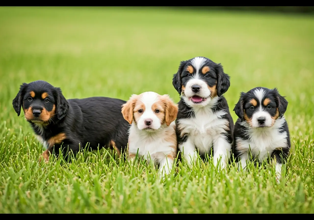 A diverse group of puppies playing in a grassy field. 35mm stock photo