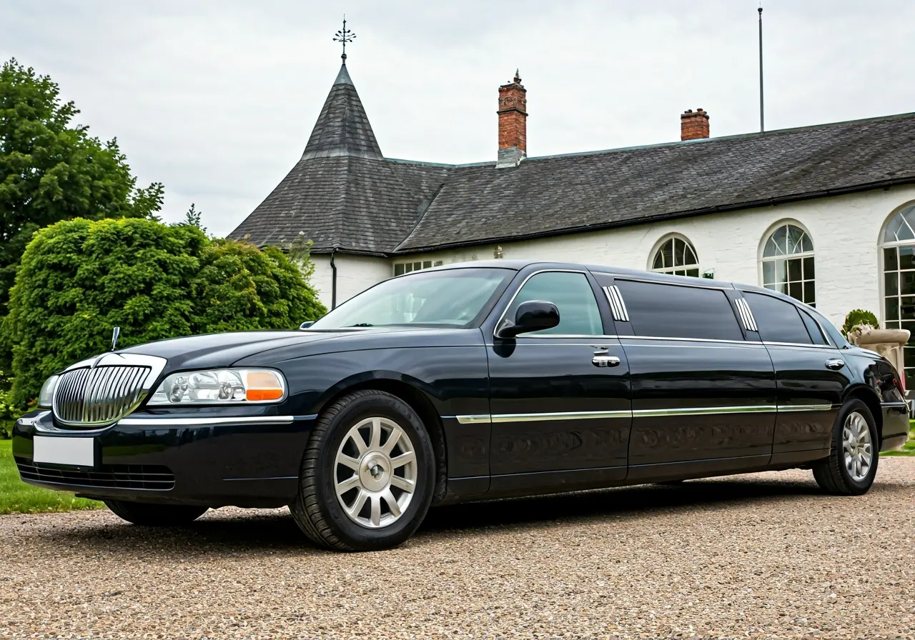 A sleek black limousine parked outside an elegant venue. 35mm stock photo