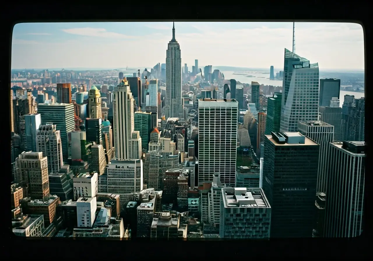 Aerial view of New York City skyline with skyscrapers. 35mm stock photo