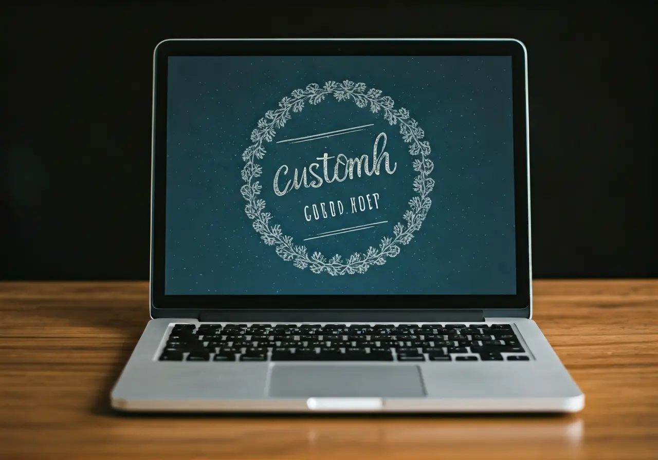 A laptop displaying a custom stamper design on the screen. 35mm stock photo