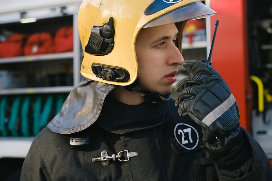 A firefighter wearing protective gear and helmet using a transceiver for communication outdoors.