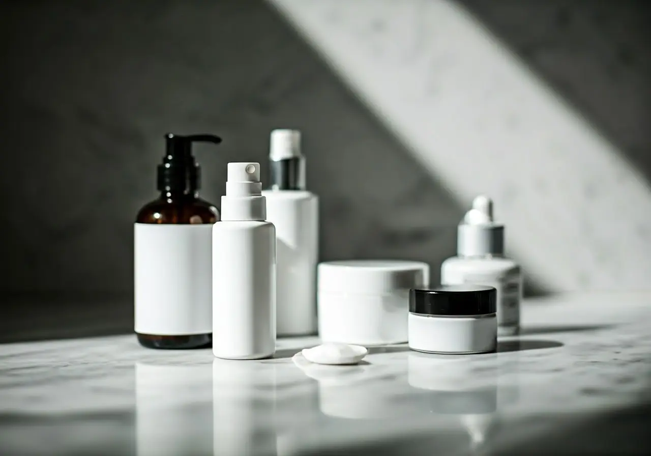 Assorted skincare products on a marble bathroom countertop. 35mm stock photo