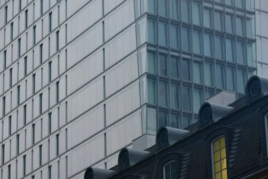 Close-up view of a modern building with glass windows and detailed facade, ideal for architectural themes.