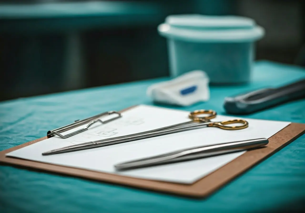 A medical checklist on a clipboard with surgical tools. 35mm stock photo