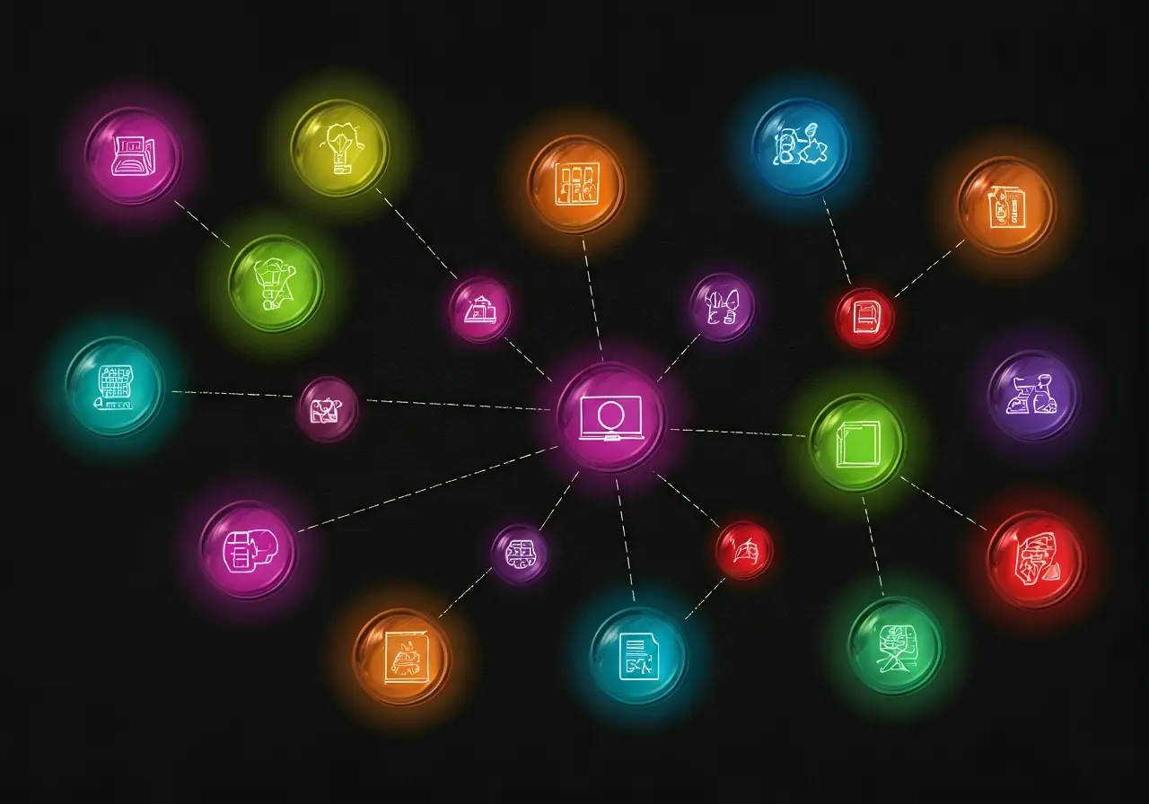 A colorful mind map with icons representing learning tools. 35mm stock photo