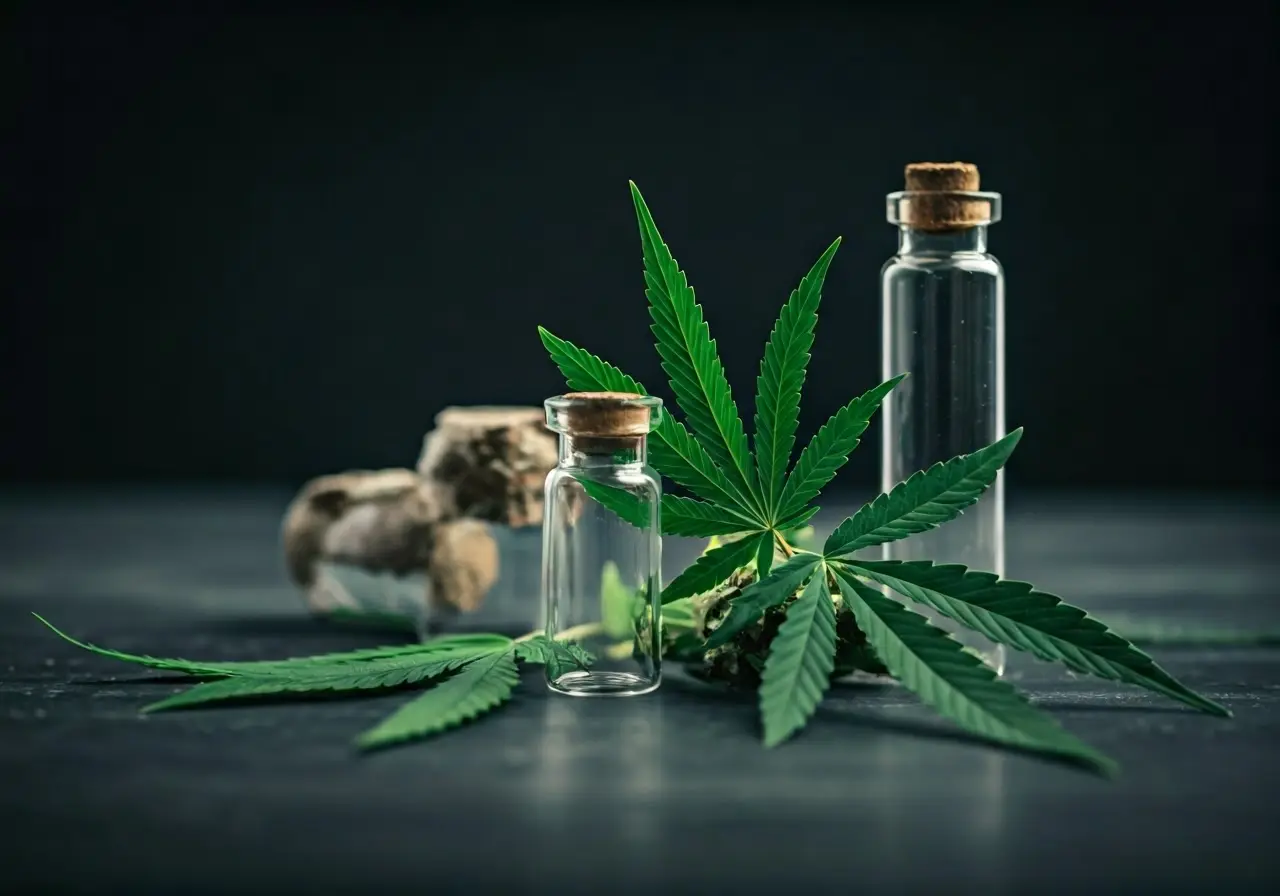 Colorful cannabis leaves next to small glass vials. 35mm stock photo