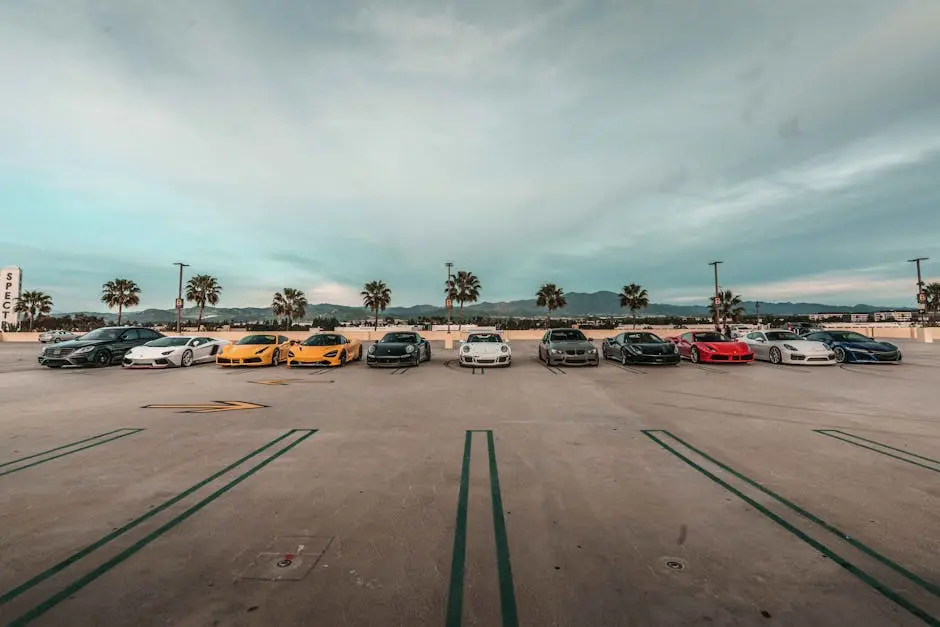 Lineup of luxury sports cars parked outdoors under a cloudy sky with palm trees.