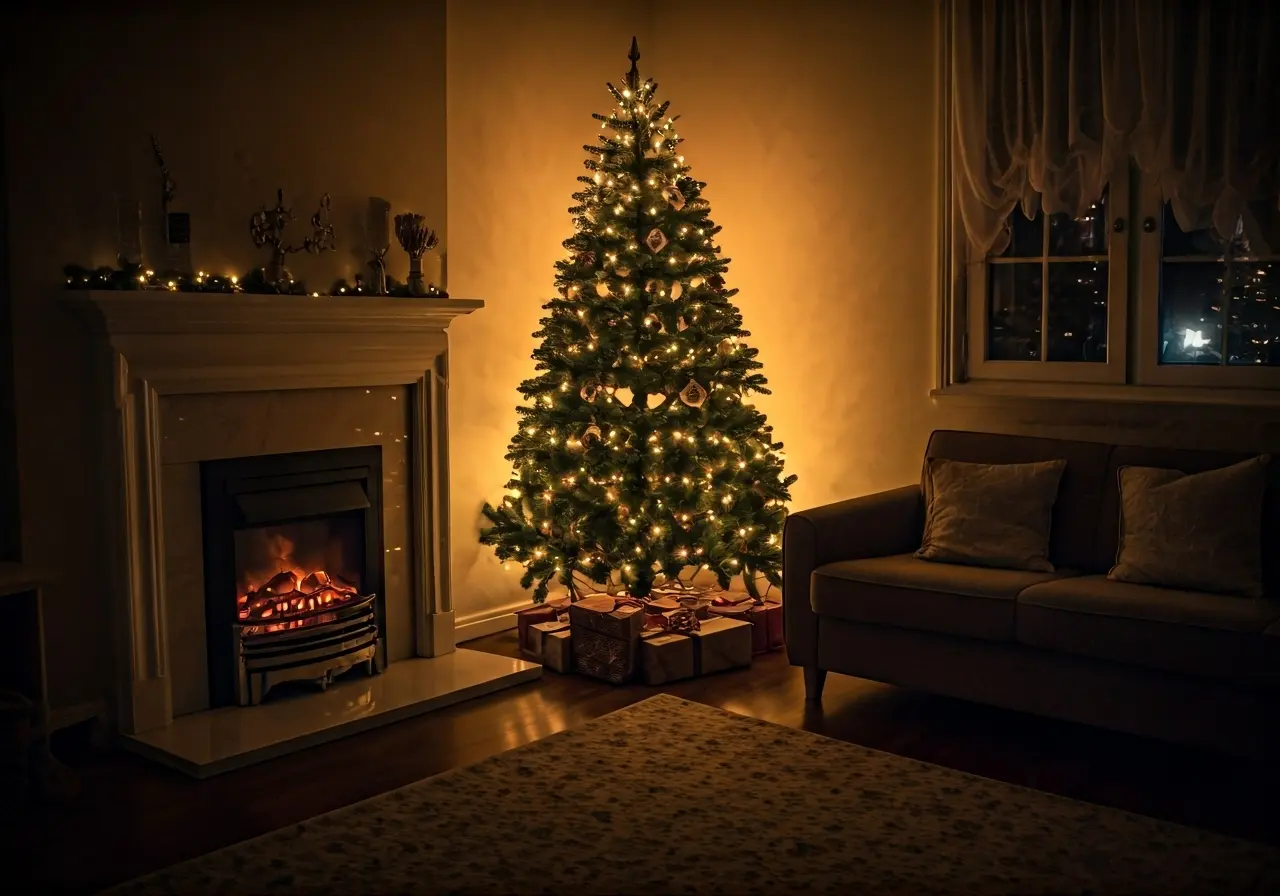 A cozy living room with a glowing Christmas tree. 35mm stock photo