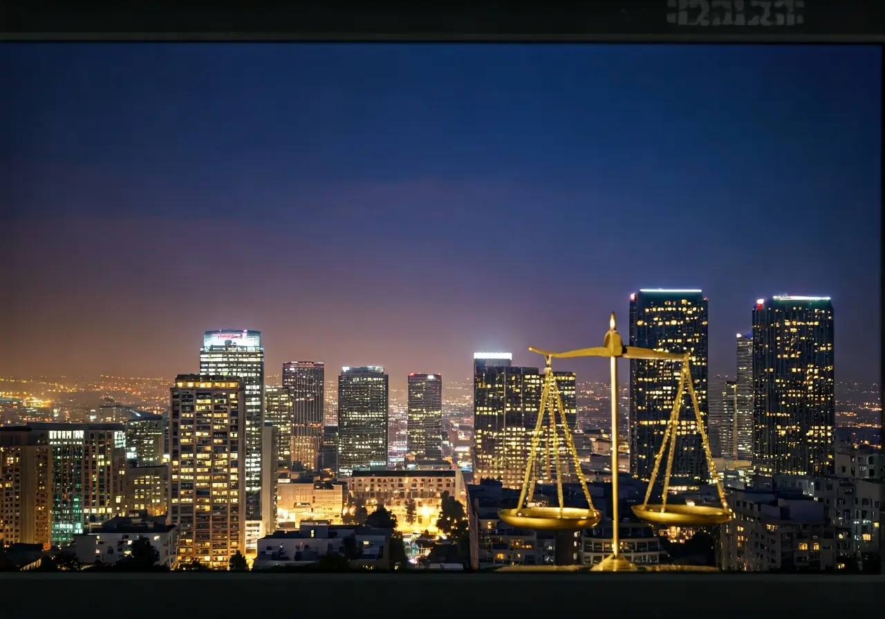 Scales of justice with Santa Monica skyline in background. 35mm stock photo
