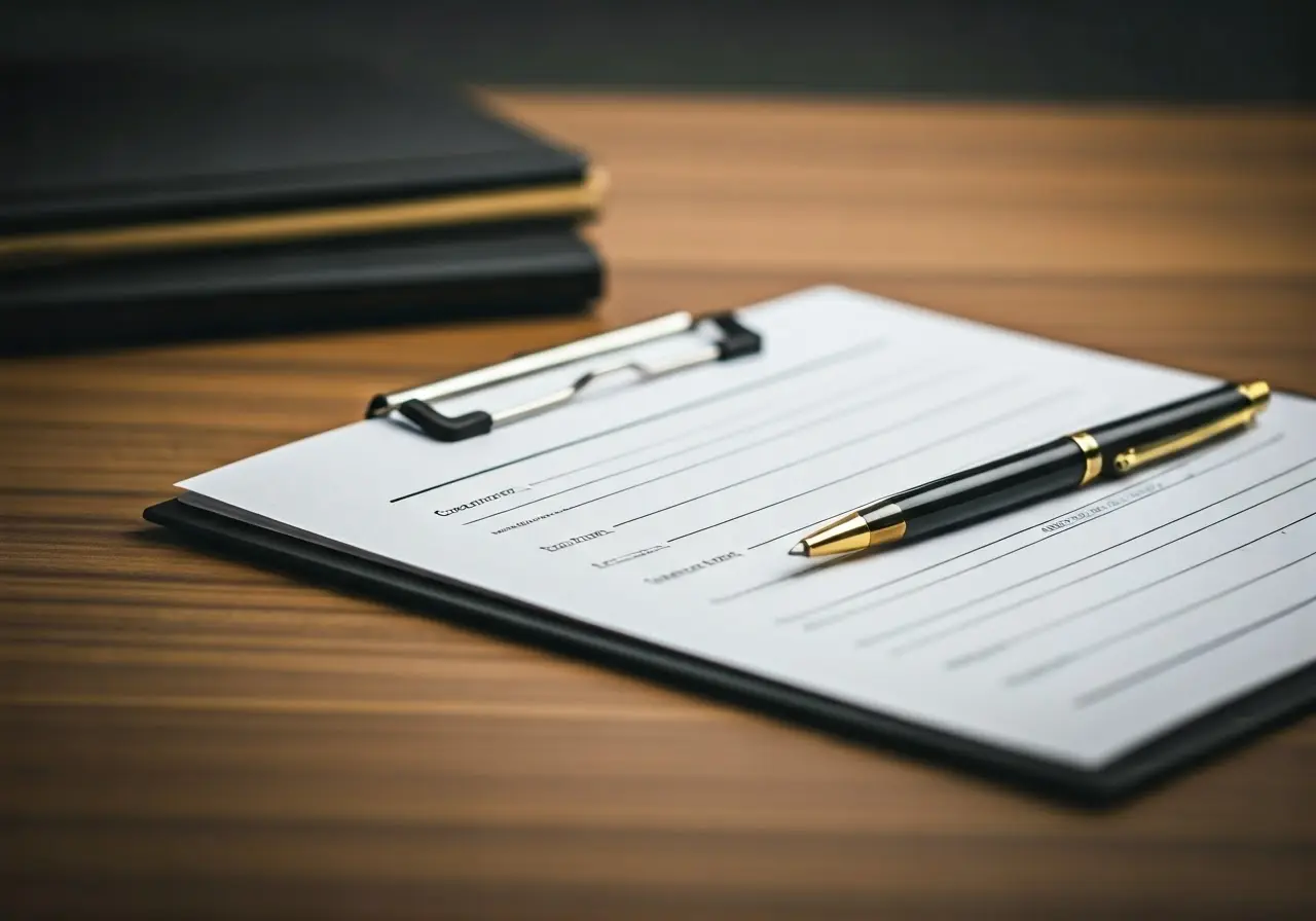 An office desk with a compliance checklist and a pen. 35mm stock photo