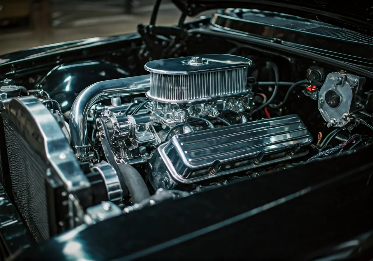 A shiny engine bay sparkling under a spotlight. 35mm stock photo