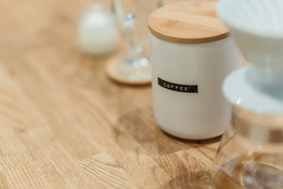 Close-up of a ceramic coffee jar with a wooden lid on a table, perfect for stylish kitchen storage.