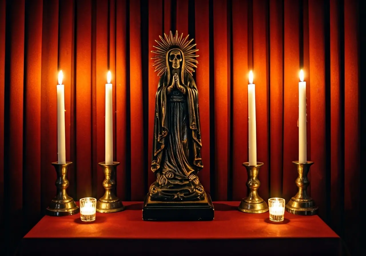 A serene altar with Santa Muerte statue and candles. 35mm stock photo