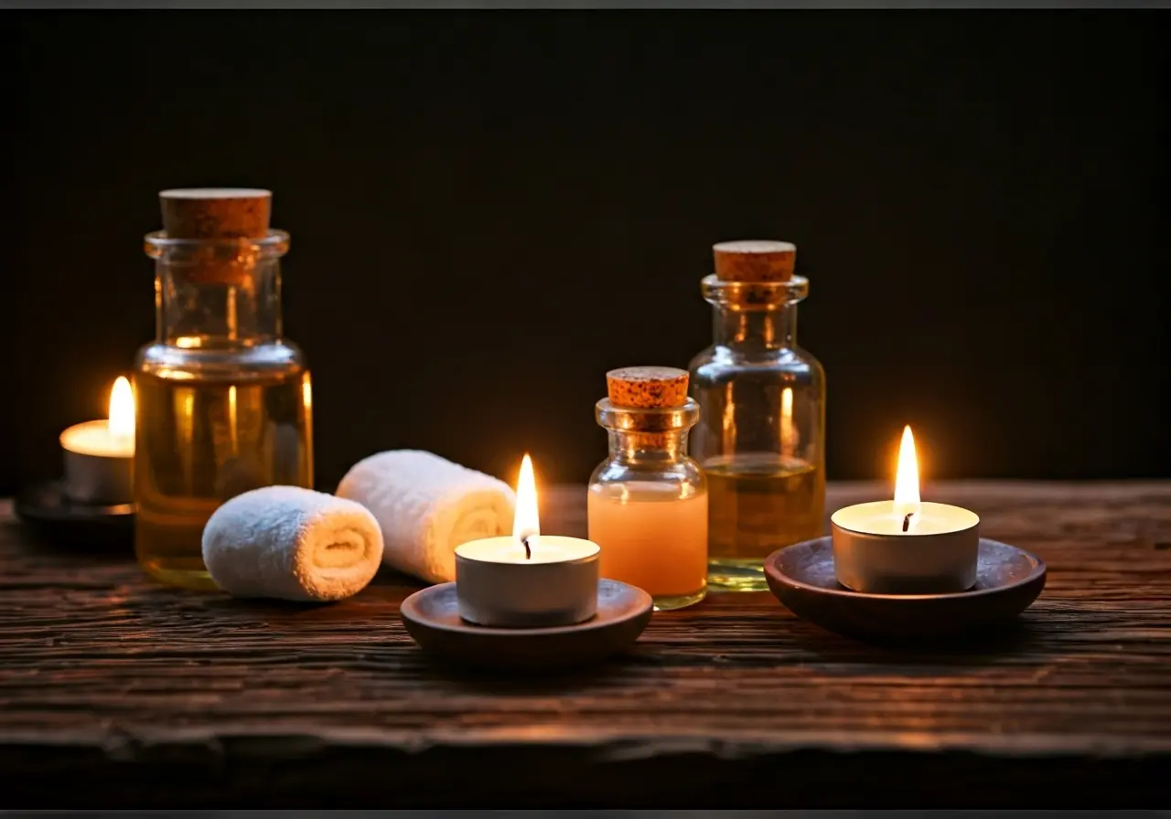 A tranquil spa setting with lit candles and essential oils. 35mm stock photo