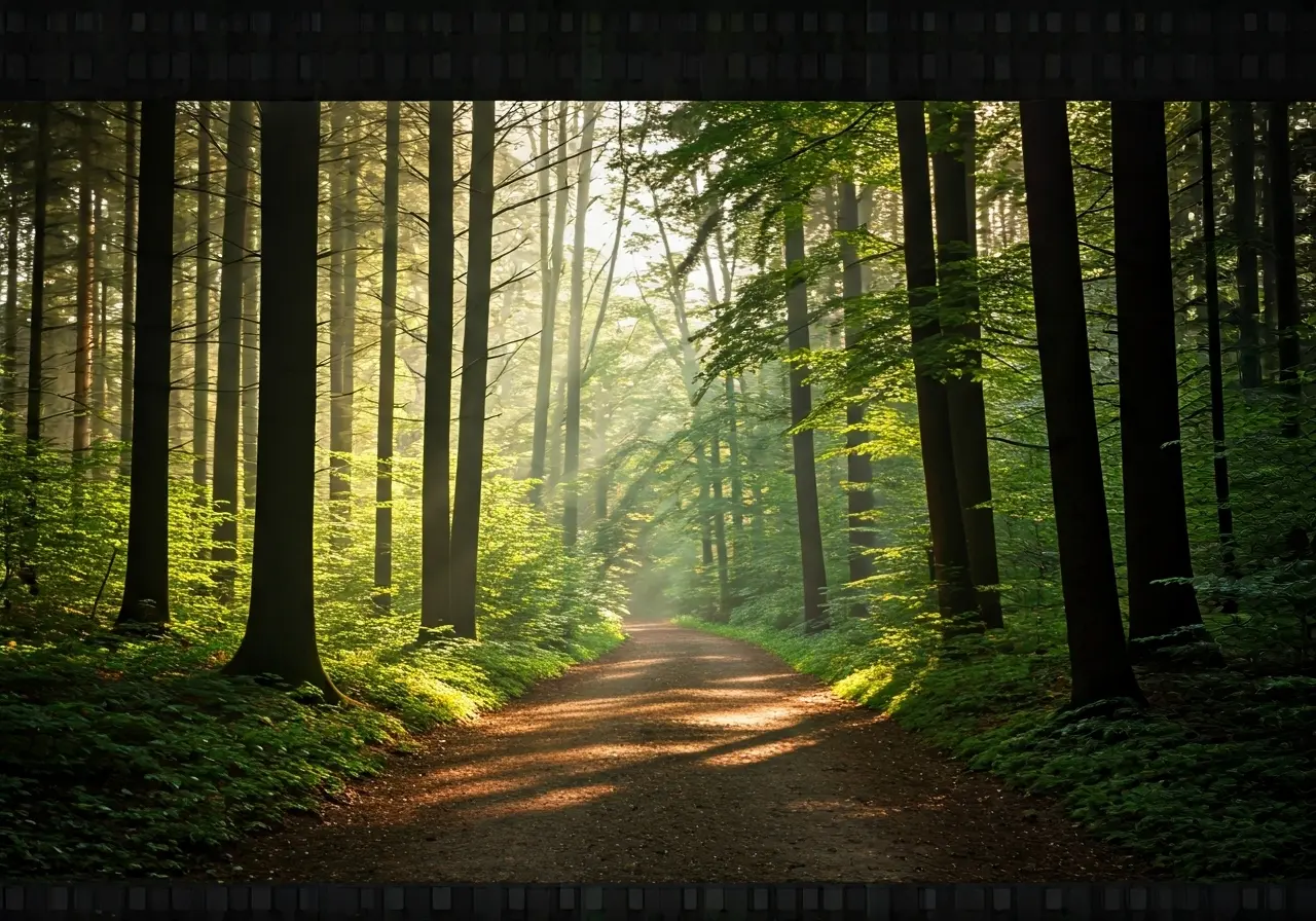 A serene forest path with sunlight filtering through trees. 35mm stock photo