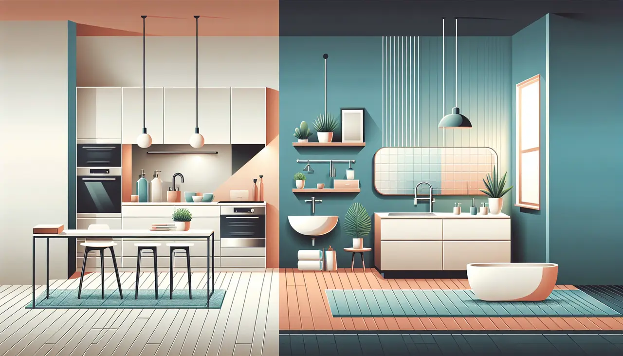 Draw a graphic in flat design style. An image of a modern kitchen and bathroom side by side, with sleek appliances and fixtures, in a clean and minimalist layout.