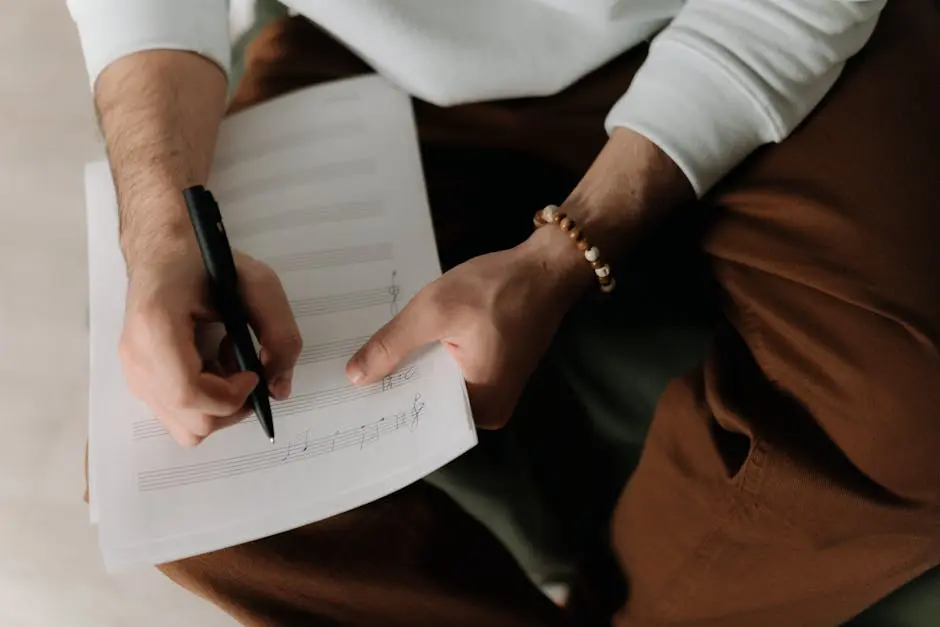 A songwriter composing lyrics and musical notes on sheet music