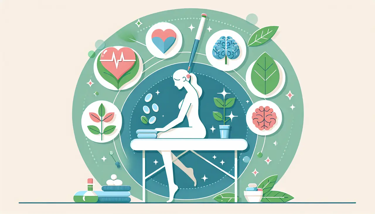 Draw a graphic in flat design style. A person receiving a massage on a table, surrounded by icons representing health benefits like a heart, a leaf, and a brain, in a minimalist and serene setting.