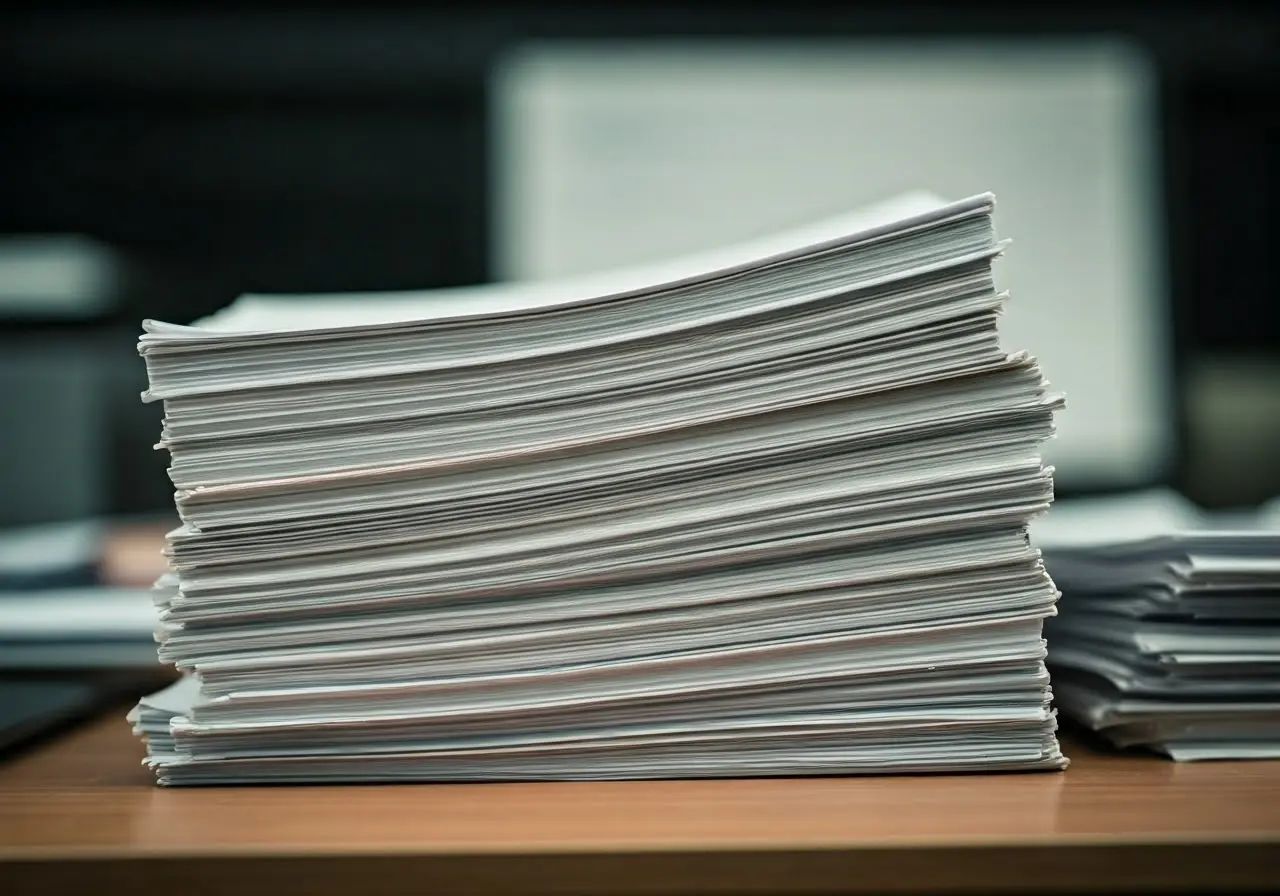 Stacks of overdue invoices on a cluttered office desk. 35mm stock photo