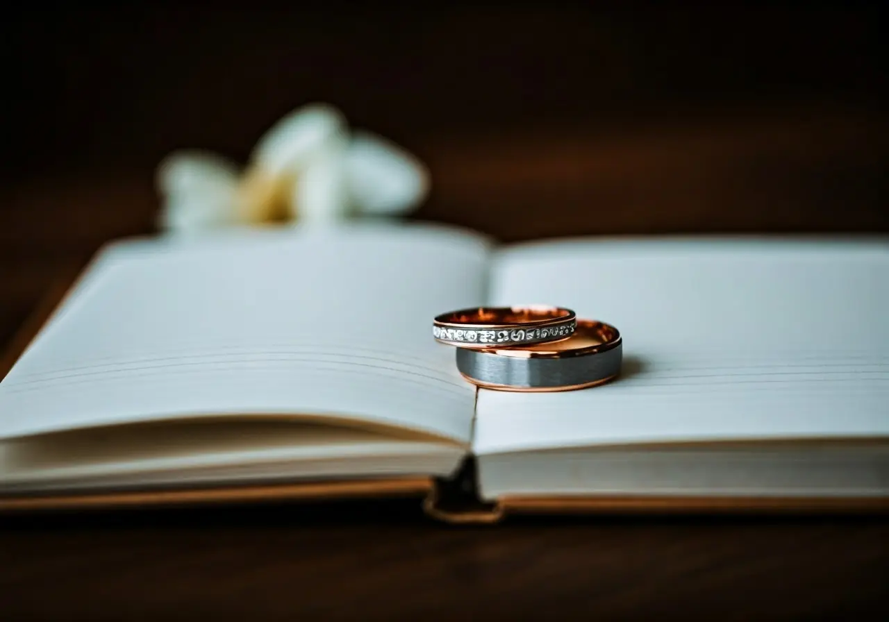 Two wedding rings beside an open, blank notebook. 35mm stock photo