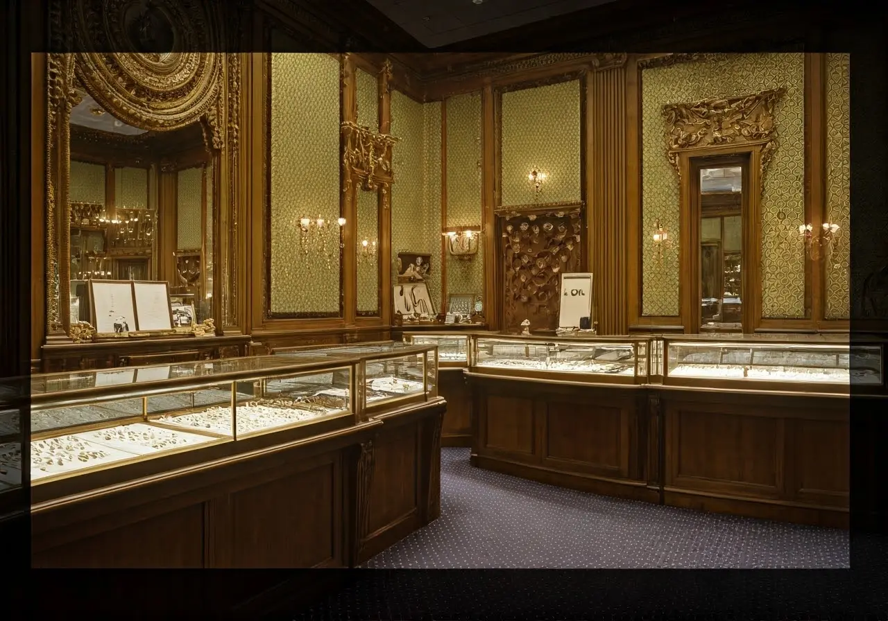 A luxurious pawn shop with sparkling jewelry on display. 35mm stock photo