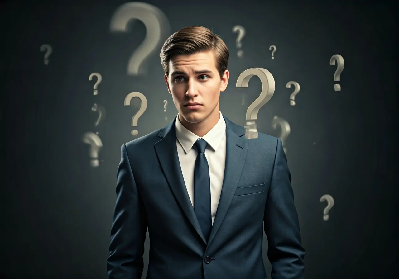 A confused businessperson surrounded by floating tech-related question marks. 35mm stock photo