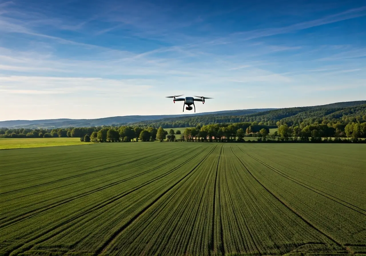 A drone flying over a vast, lush agricultural field. 35mm stock photo