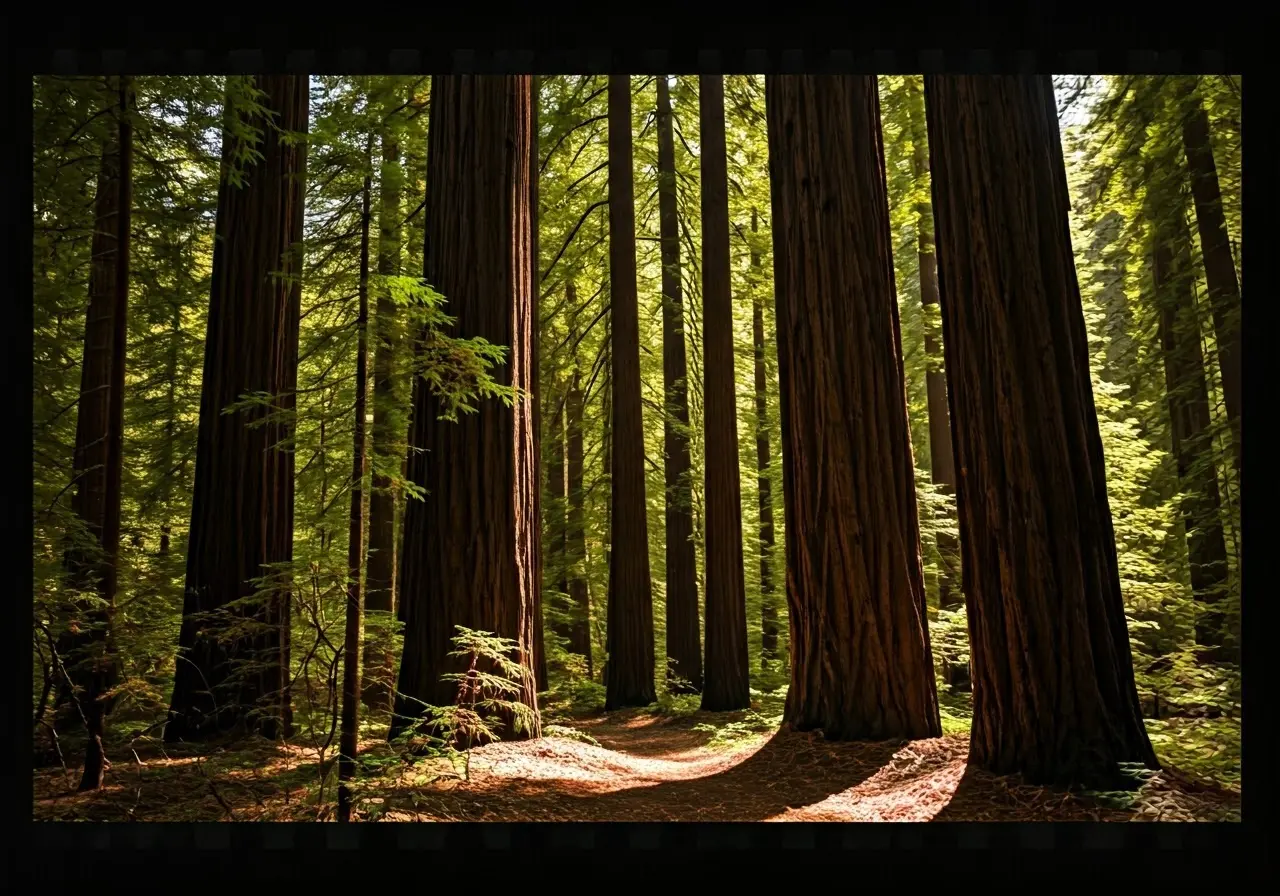 A dense redwood forest with sunlight filtering through trees. 35mm stock photo