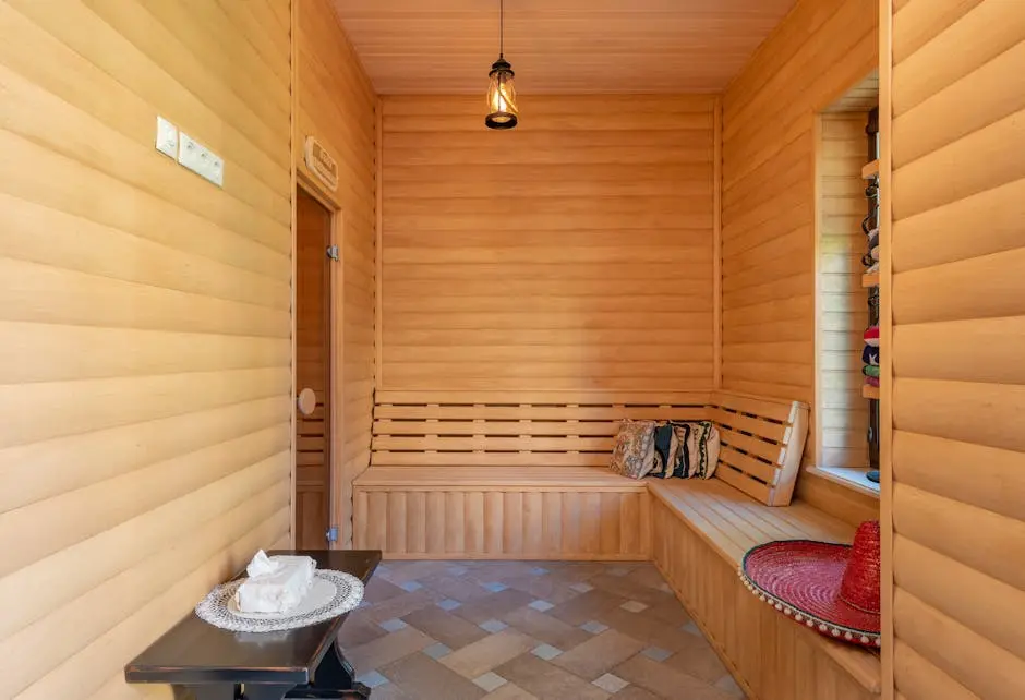 Warm and inviting wooden sauna interior with seating and decor.