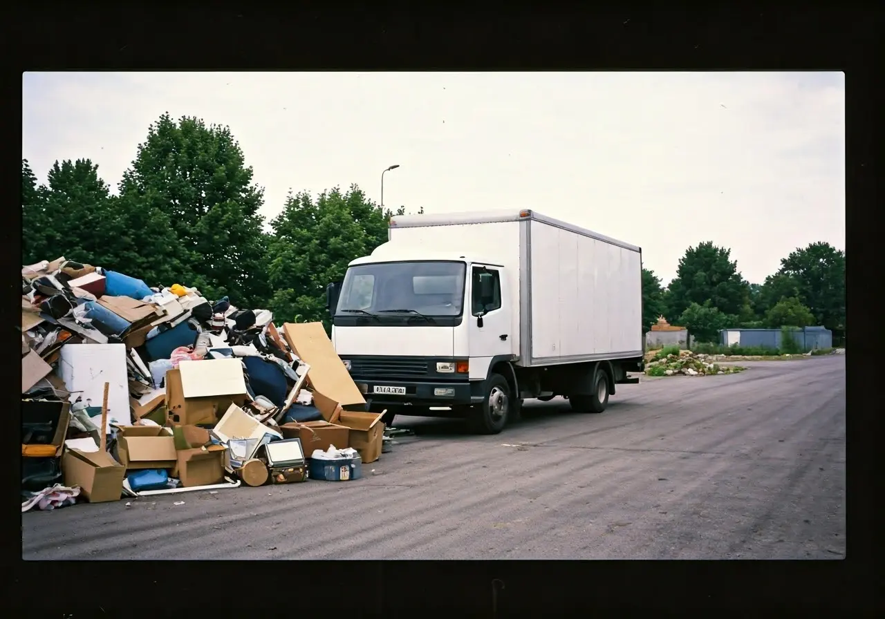 A moving truck next to a pile of discarded items. 35mm stock photo