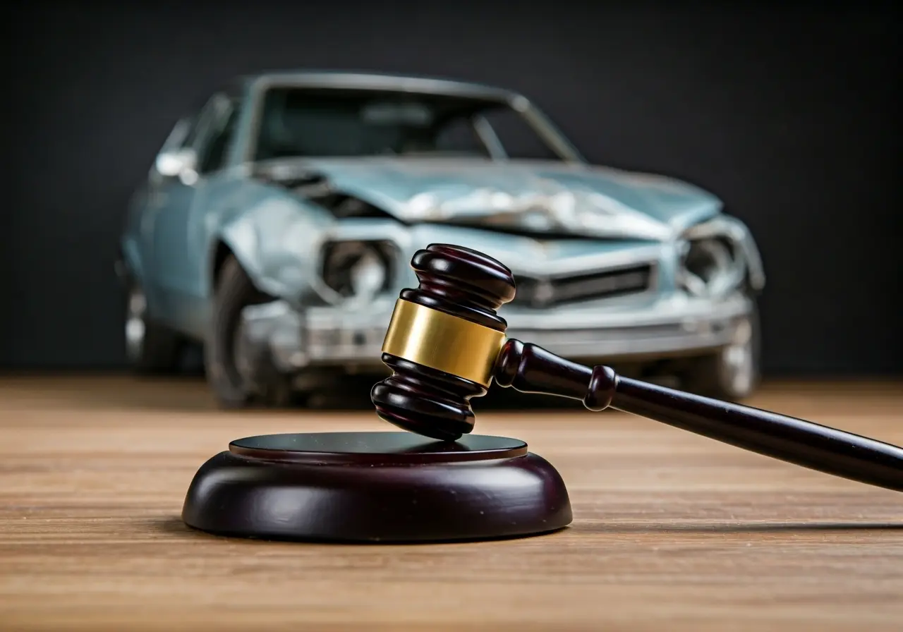 A gavel beside a damaged car under bright lighting. 35mm stock photo