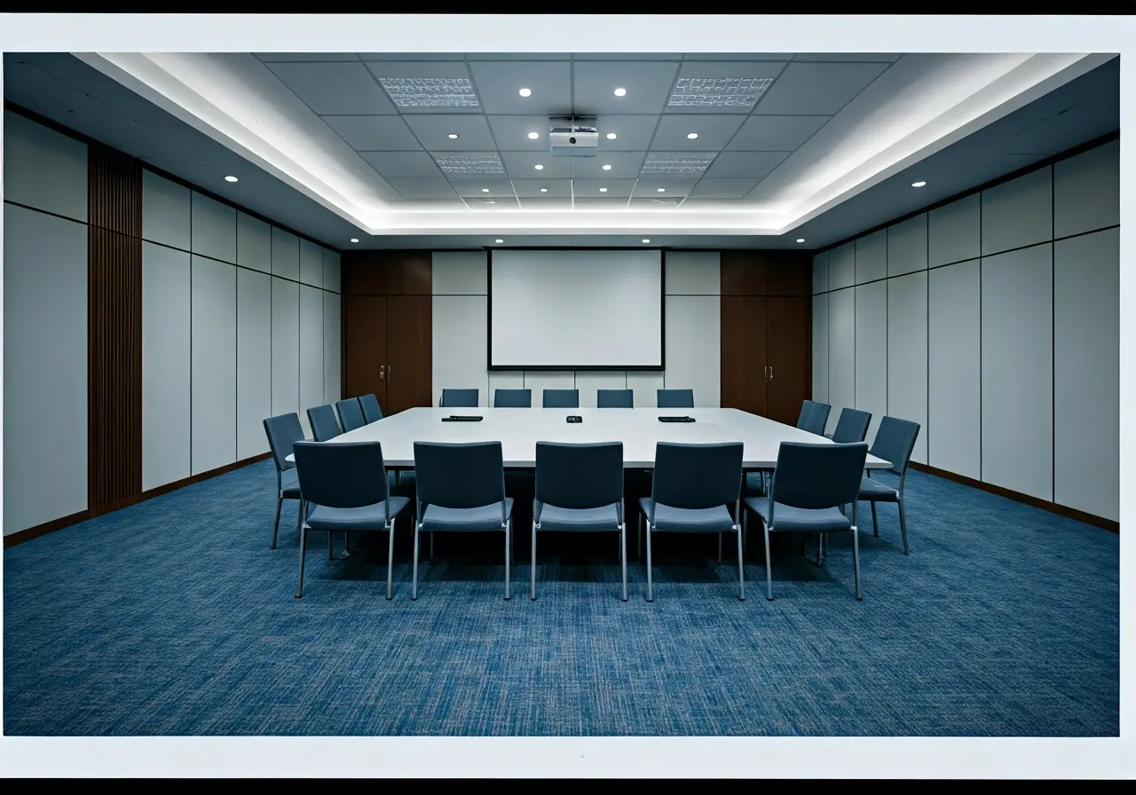 A sleek conference room with energy-efficient AV equipment. 35mm stock photo