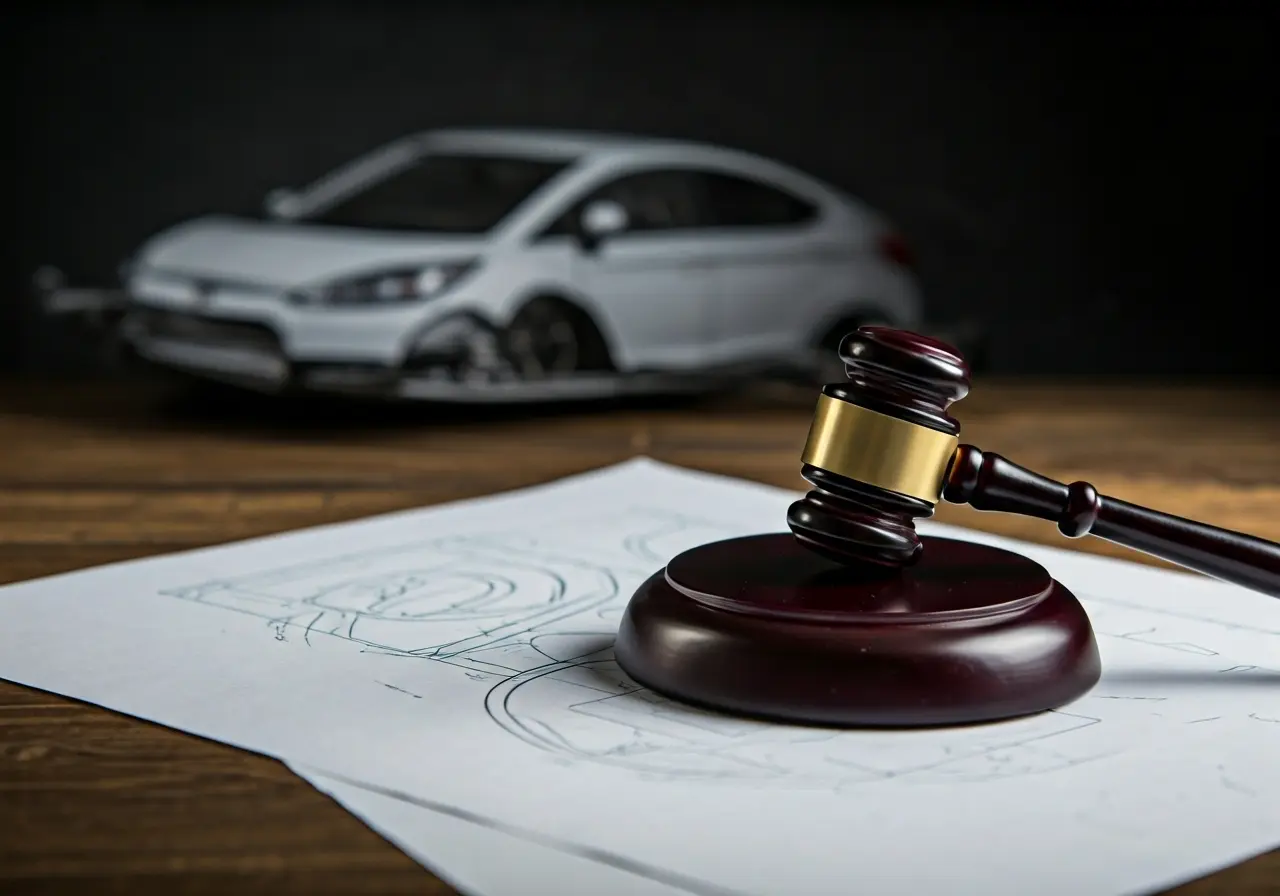 A gavel resting beside a car accident scene diagram. 35mm stock photo