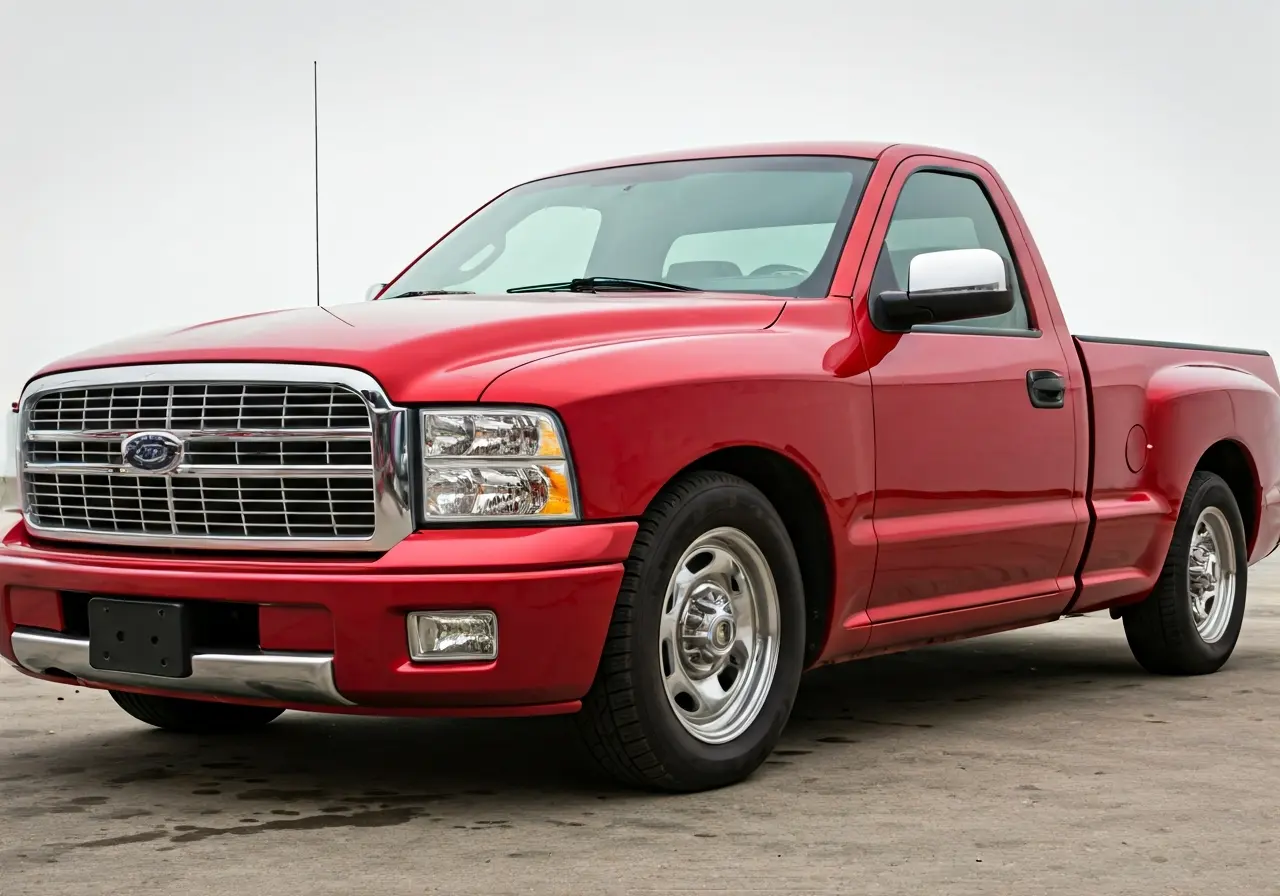 A shiny, red truck with a glossy ceramic-coated finish. 35mm stock photo