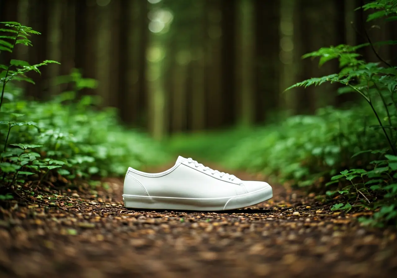 Minimalist shoe on a forest path surrounded by greenery. 35mm stock photo